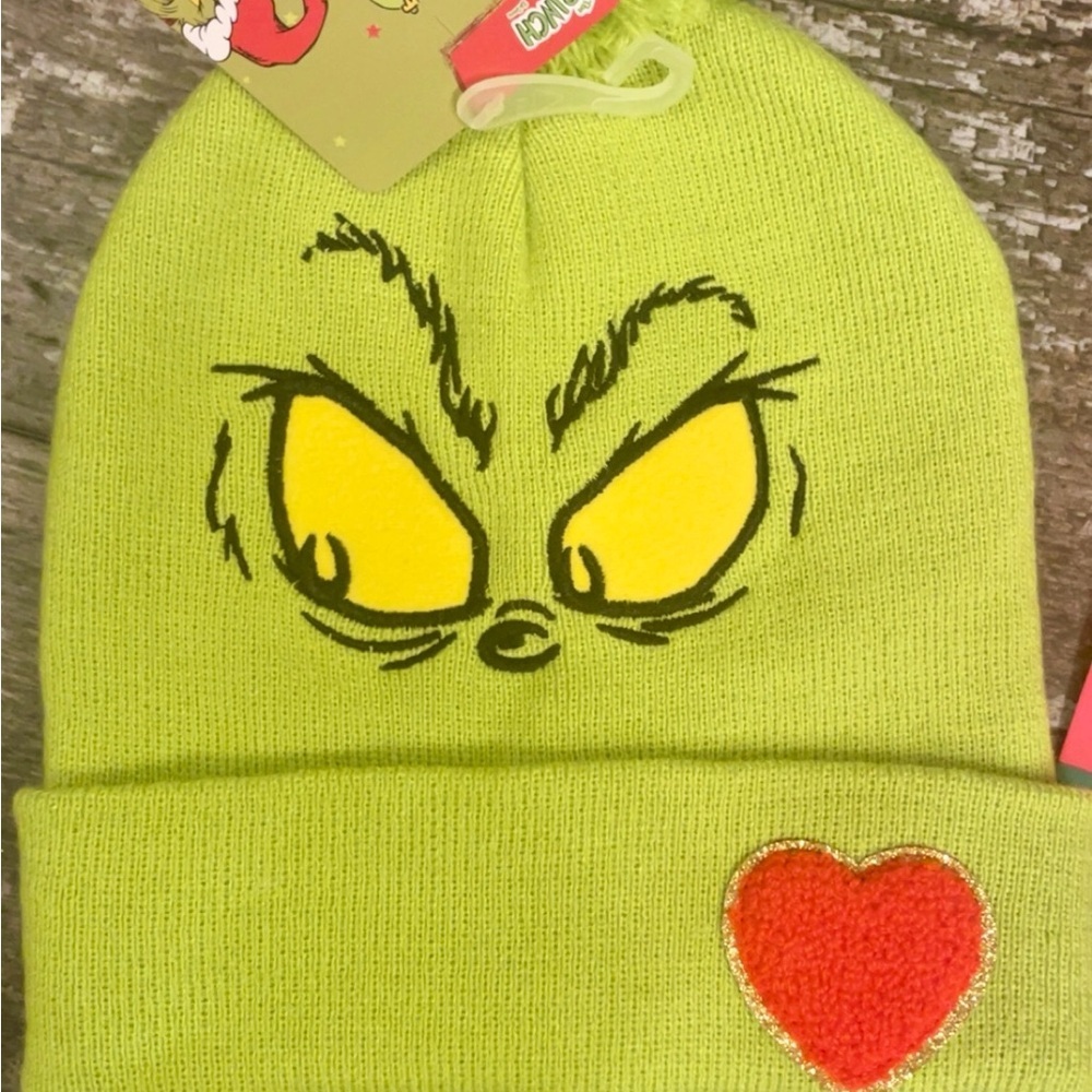 Grinch Green Beanie with Heart Patch, bracelets, and pen. - Picture 2 of 4